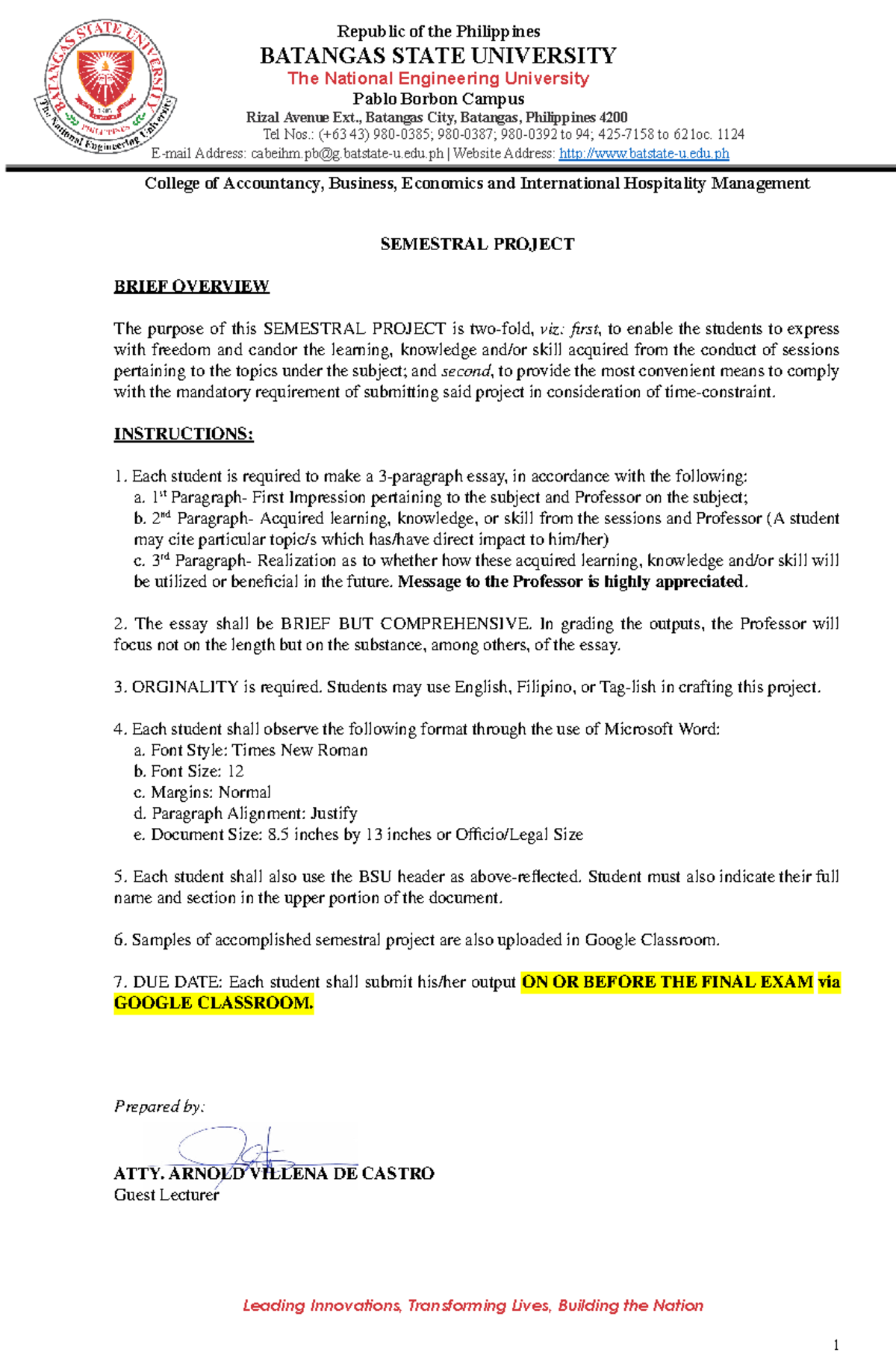 Semestral Project Instructions for ACCT 101: Essay Guidelines - Studocu