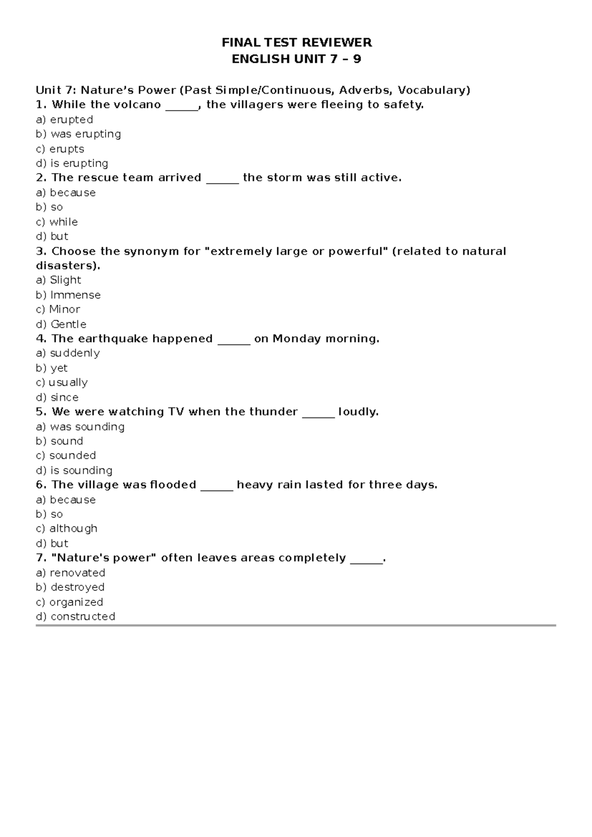 FINAL TEST REVIEWER ENGLISH UNIT 7 & 8: PAST TENSE & VOCABULARY - Studocu