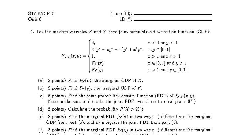 STAB52 F25 Quiz 6: Joint CDF and Marginal PDF Analysis - Studocu