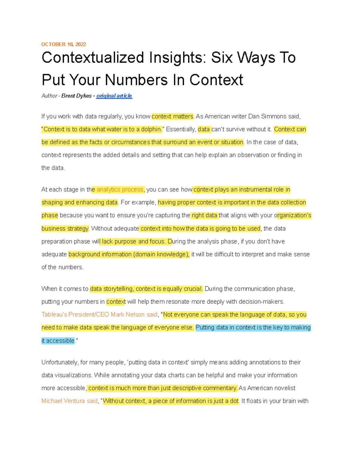 OCTOBER 18, 2022: Six Ways to Contextualize Your Data Insights - Studocu