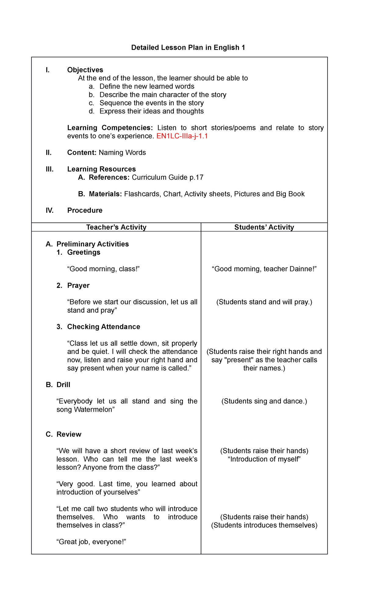 Detailed Lesson Plan in English 1 - Naming words - Detailed Lesson Plan ...