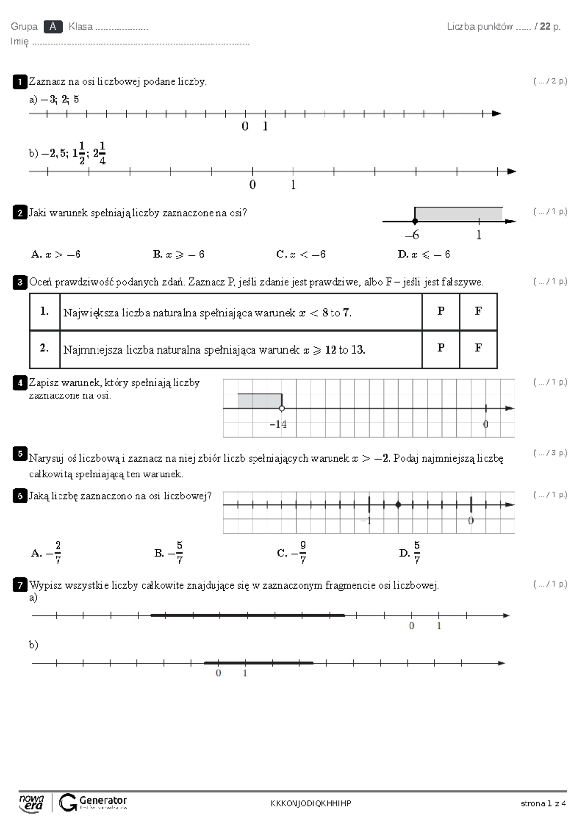Liczby na osi liczbowej – Test z matematyki (Klasa A) - Studocu