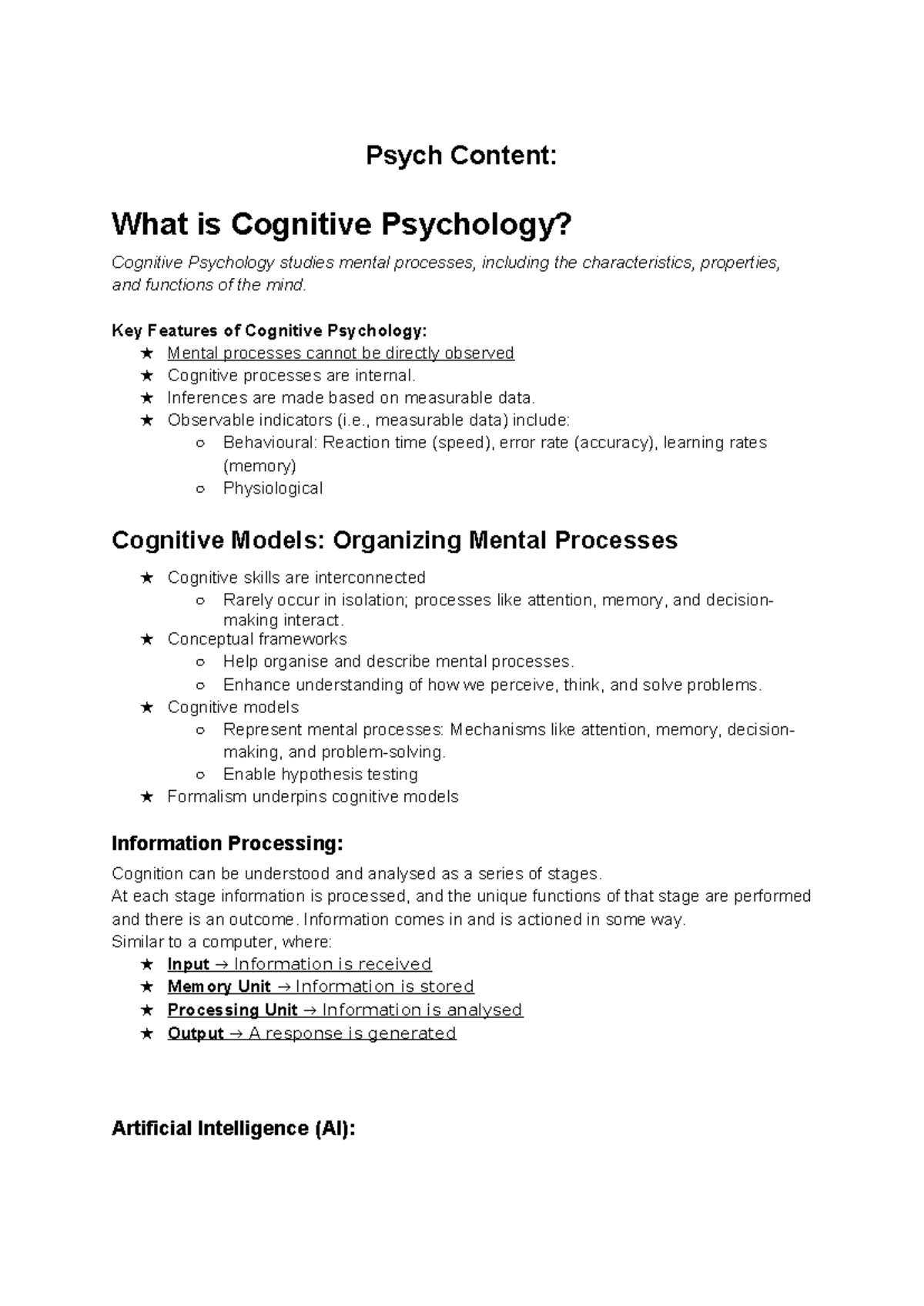 Cognitive psychology overview: Key concepts and theories (PSY101) - Studocu