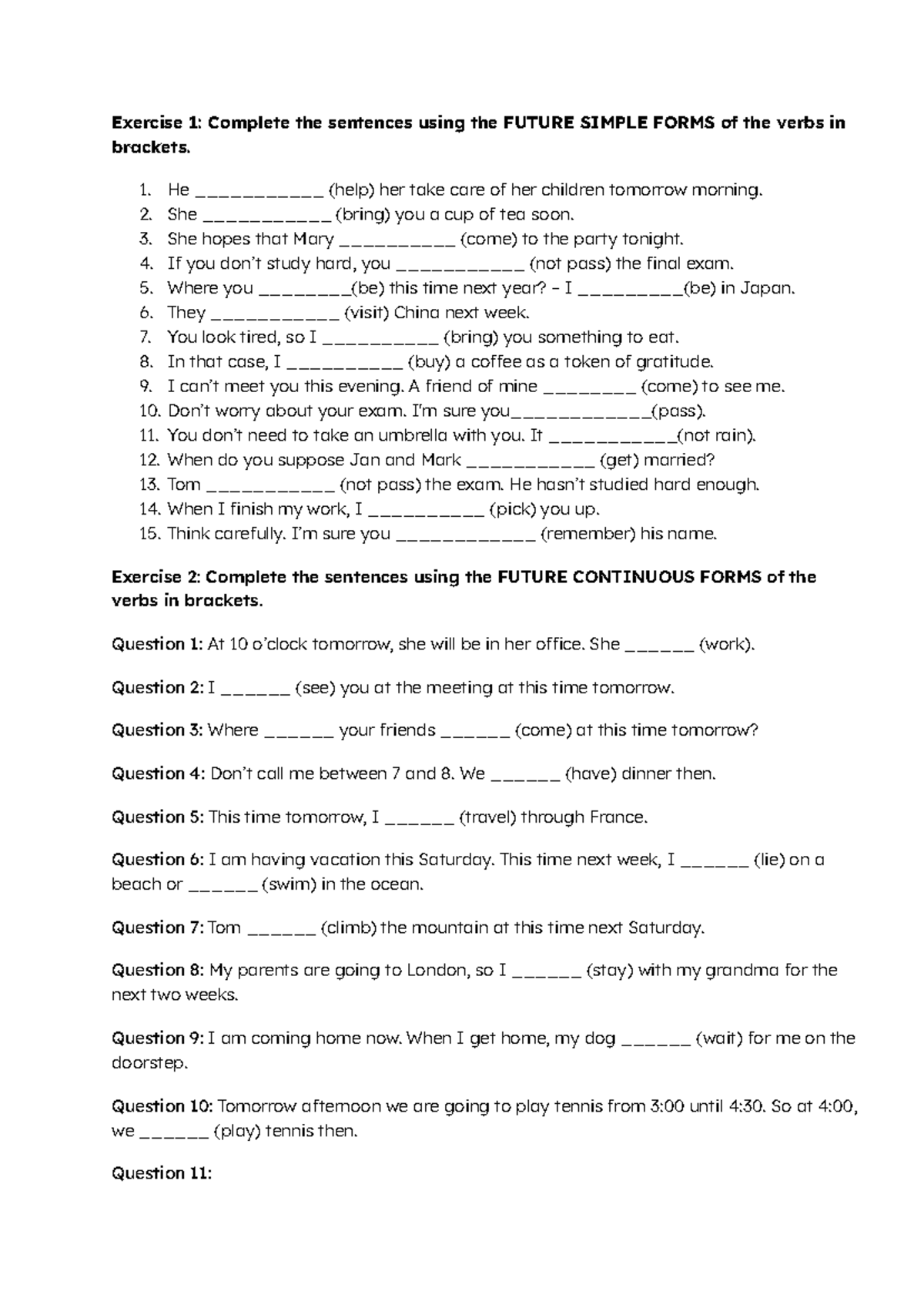 Future Tenses Practice Exercises (ENG 101) - Studocu