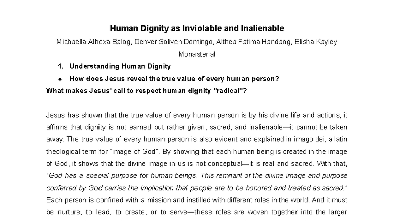 Human Dignity: Inviolable and Inalienable Insights (THY 101) - Studocu