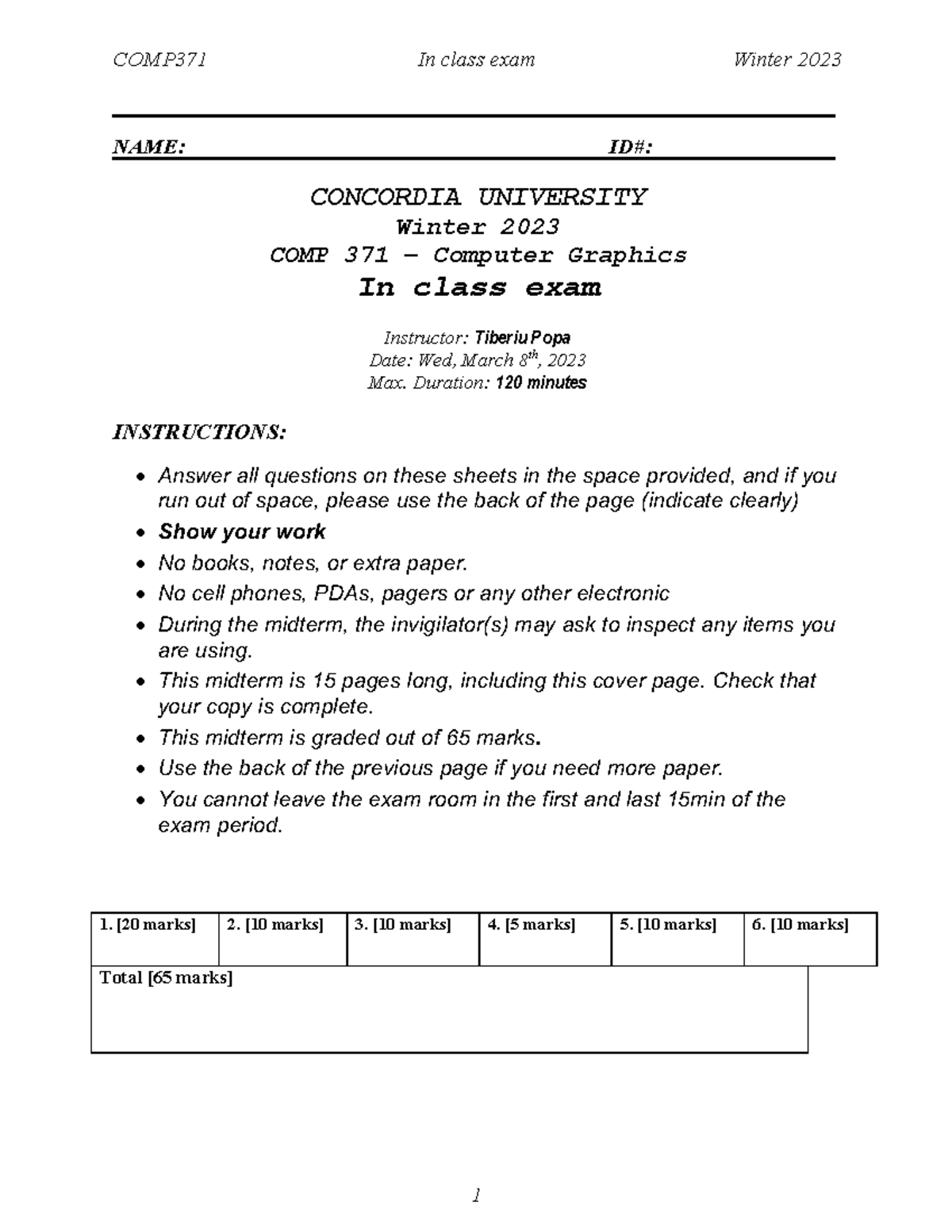In-Class Exam COMP371: Computer Graphics Winter 2023 - Studocu
