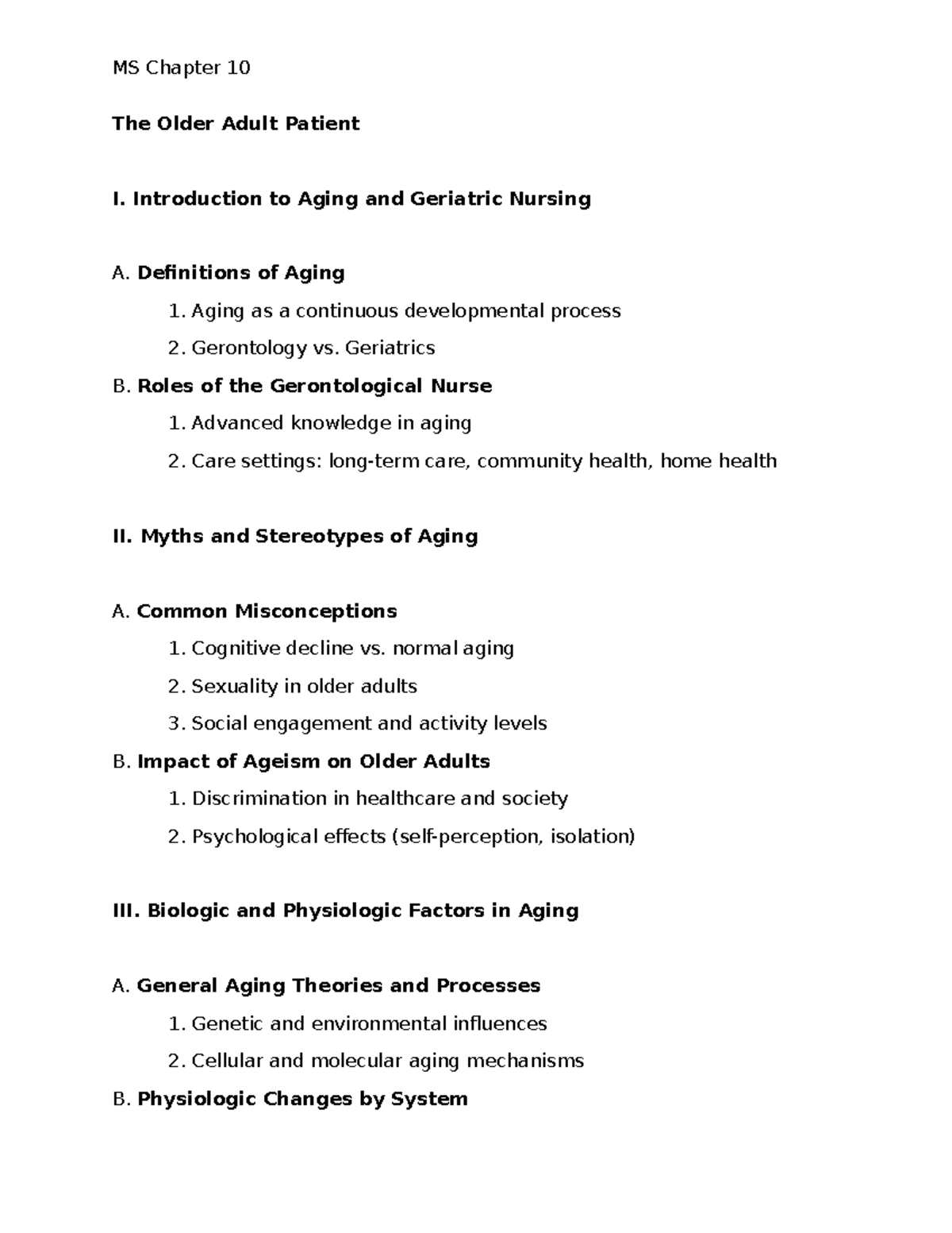 MS Geriatric Nursing Chapter 10: Understanding the Older Adult Patient ...