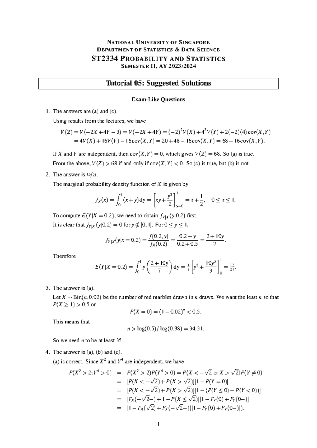 ST2334 Tutorial 05 Solutions - Probability and Statistics Exam Prep ...