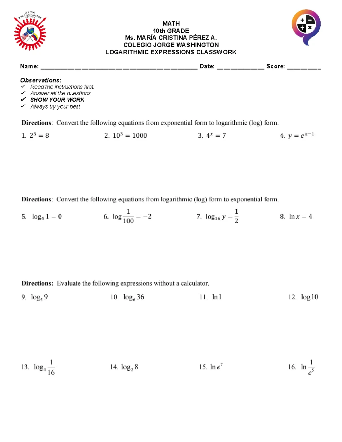 Properties of Logarithms Classwork - Matemáticas - MATH 10th GRADE Ms ...
