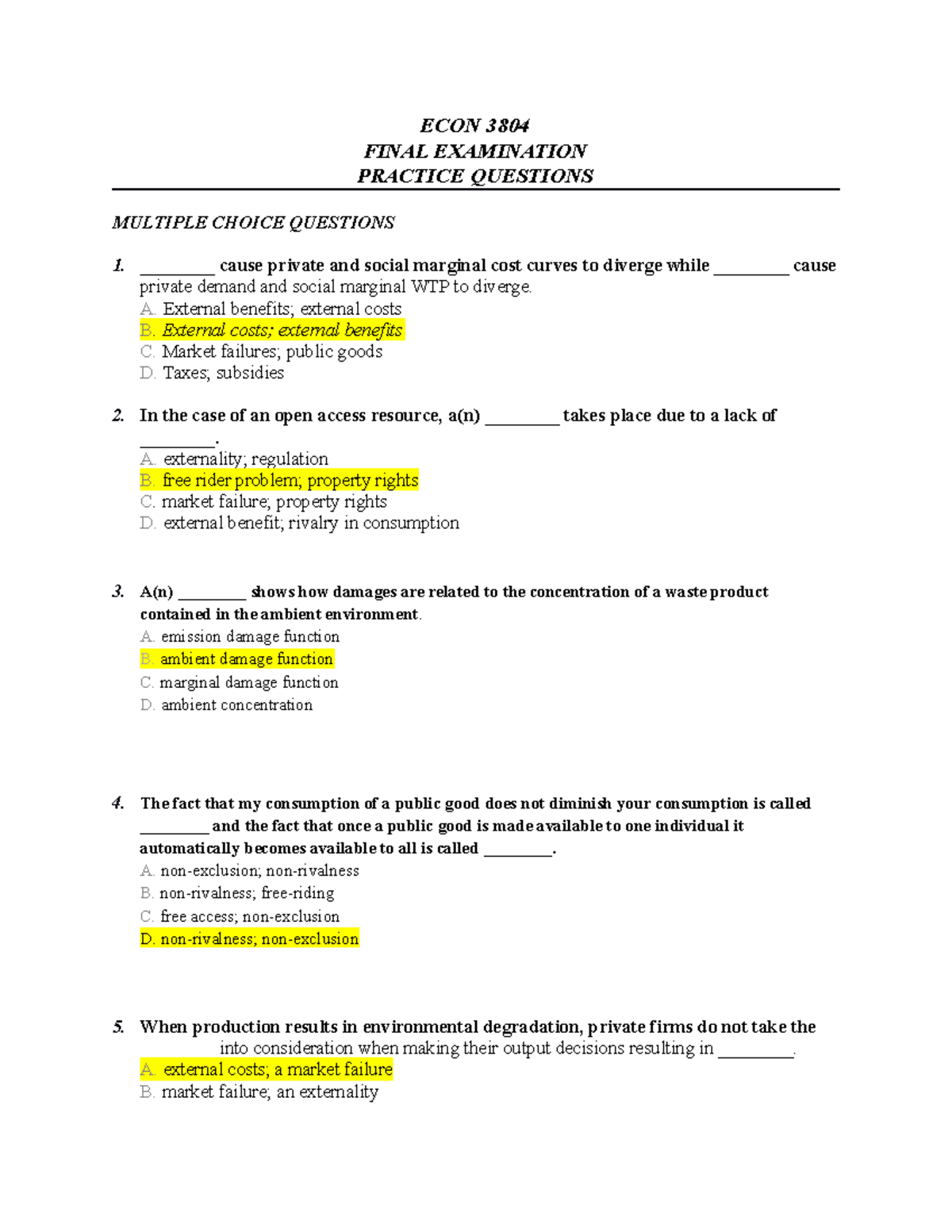 ECON 3804 Final Exam Practice Questions - Fall 2017 Review Guide - Studocu