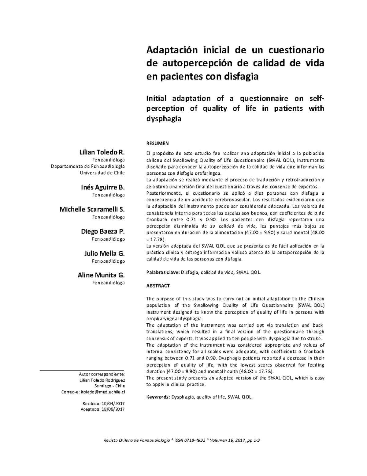 Adaptación Inicial del Cuestionario SWAL-QOL para Disfagia en Chile ...