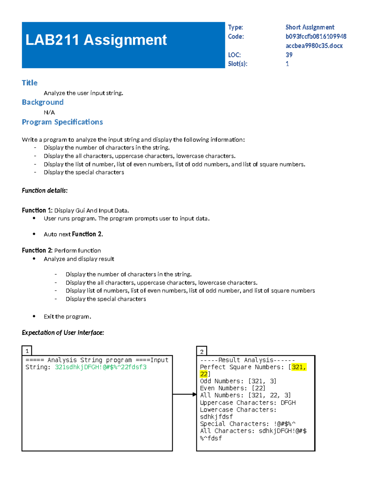 LAB211 Short Assignment: Analyzing User Input Strings - Studocu