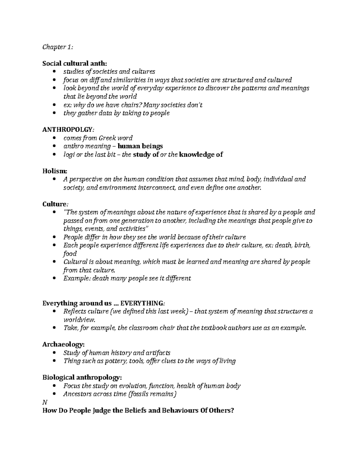 Anth - Lecture notes 1 - Chapter 1: Social cultural anth: studies of ...