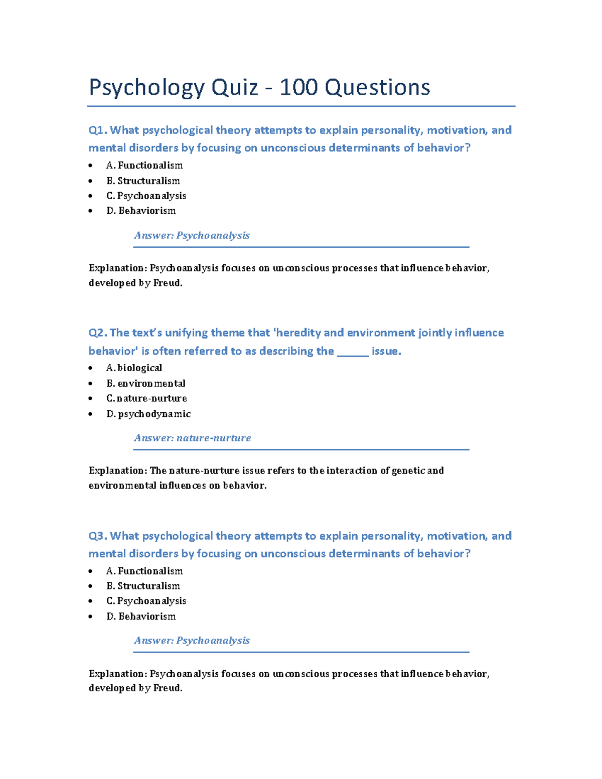 Psychology Quiz PSY101: 100 Questions on Theories & Concepts - Studocu