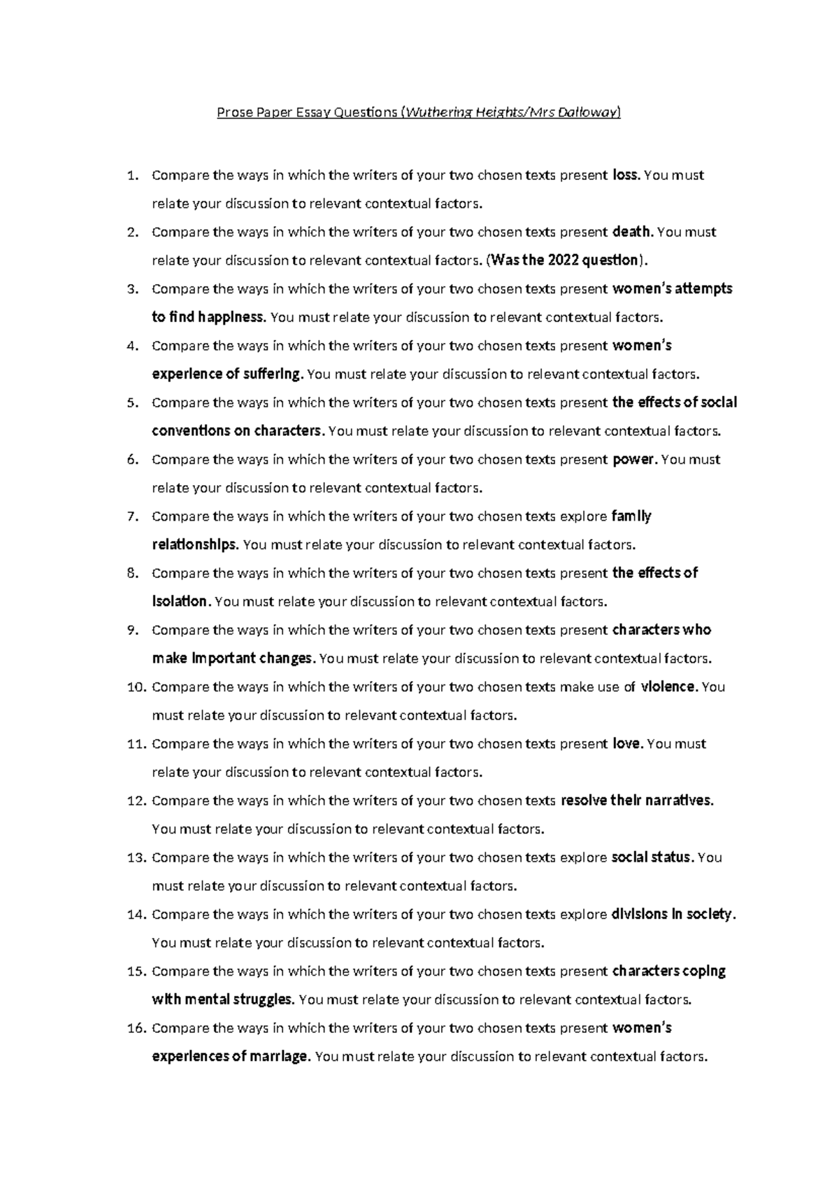 Prose Paper Essay Questions - shown to students - Prose Paper Essay ...