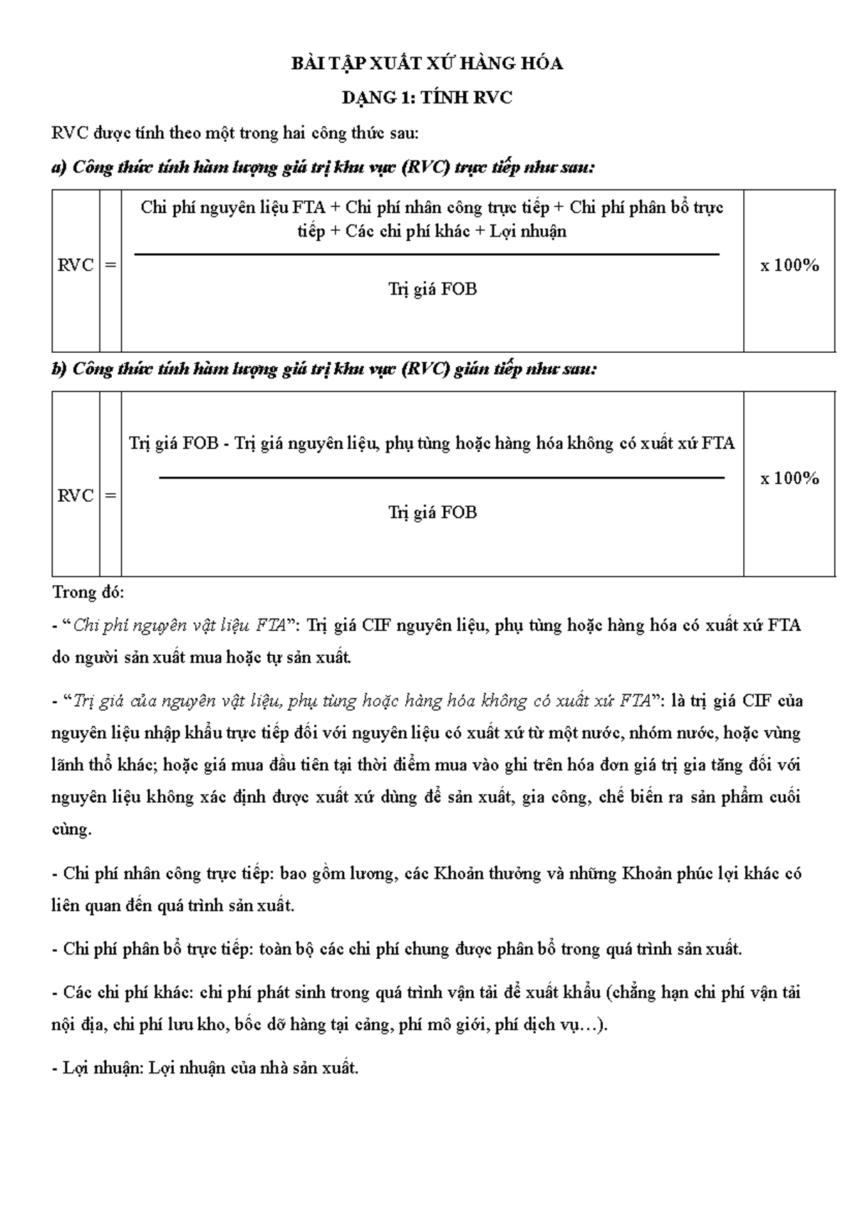 BÀI TẬP ÔN THI - Tính RVC và LVC trong Xuất Xứ Hàng Hóa - Studocu