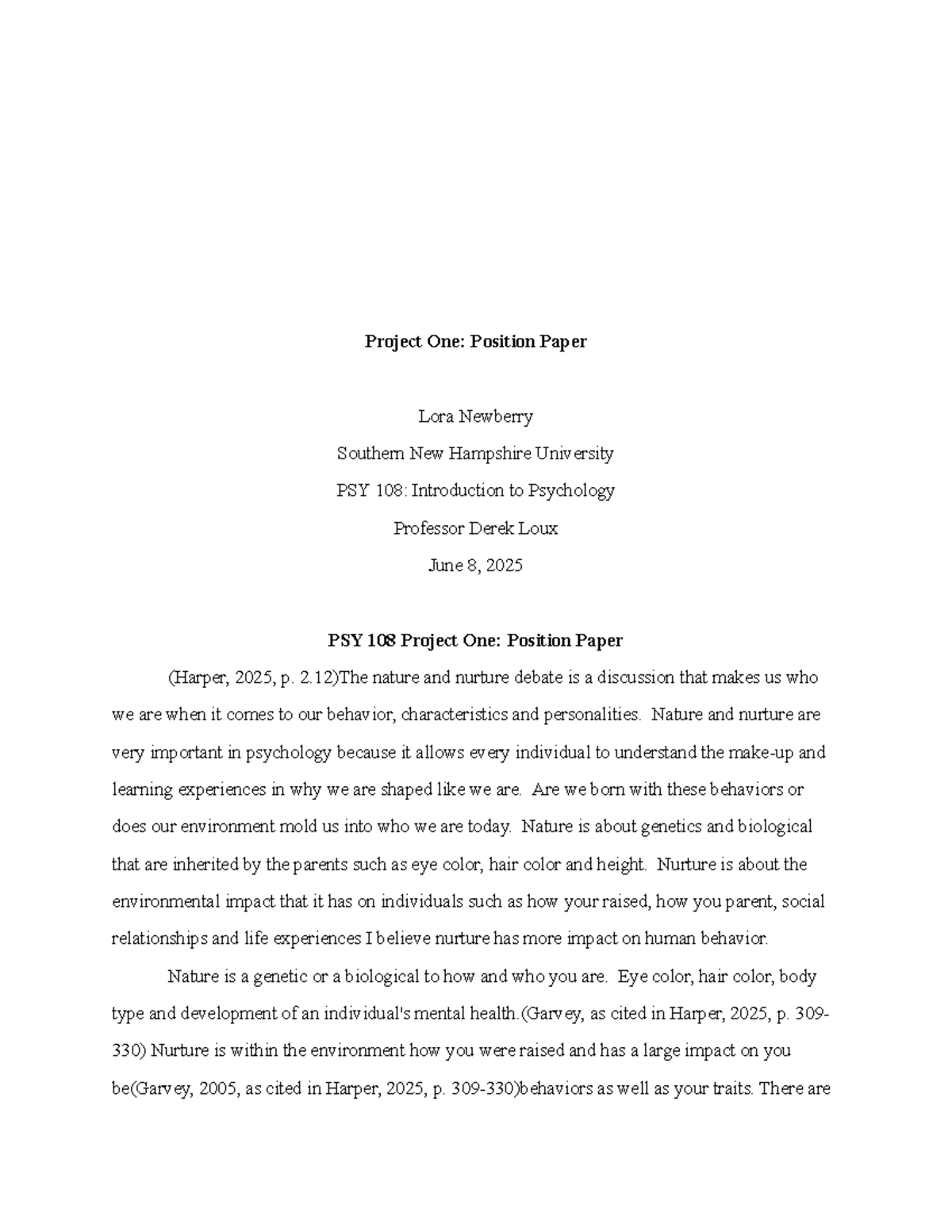 PSY 108: Position Paper on Nature vs. Nurture Debate - Studocu