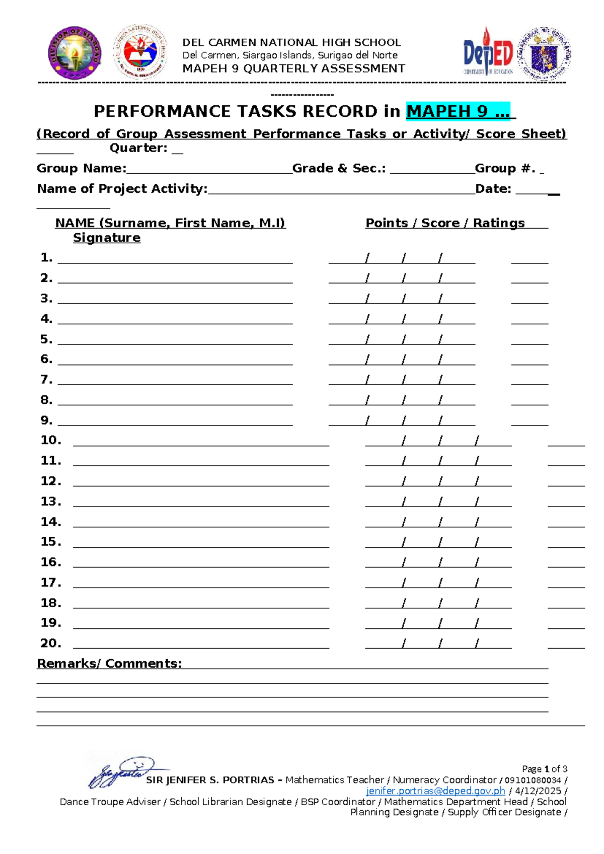 MAPEH 9 Quarterly Performance Task Assessment Record - Studocu
