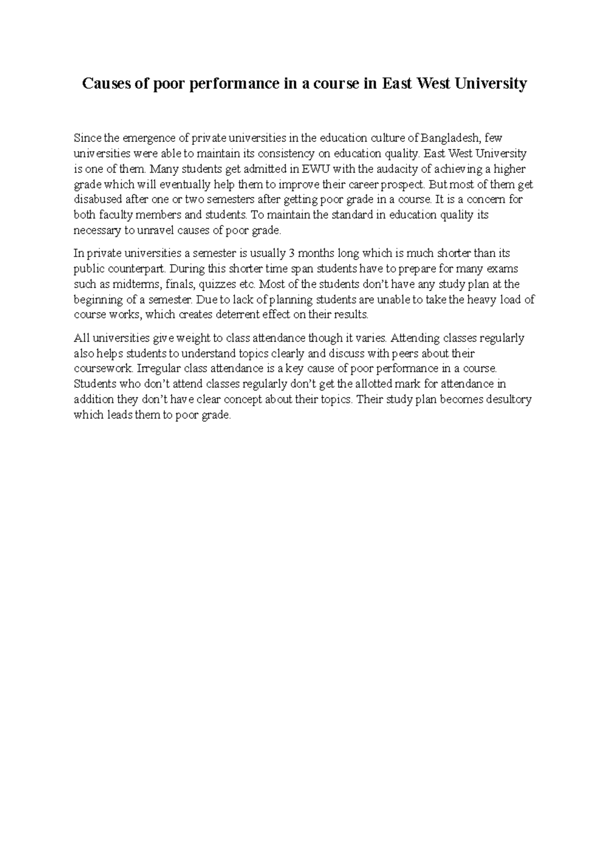 Causes of Poor Academic Performance in EWU Courses: A Study - Studocu