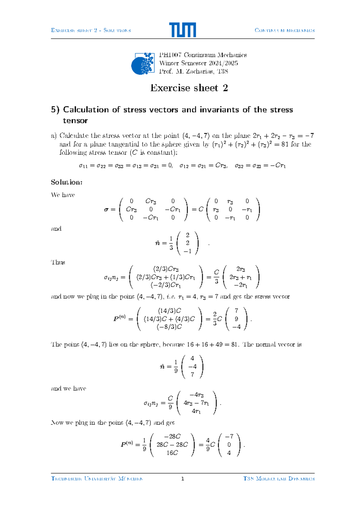PH1007 Continuum Mechanics Exercise Sheet 2 - Solutions Overview - Studocu