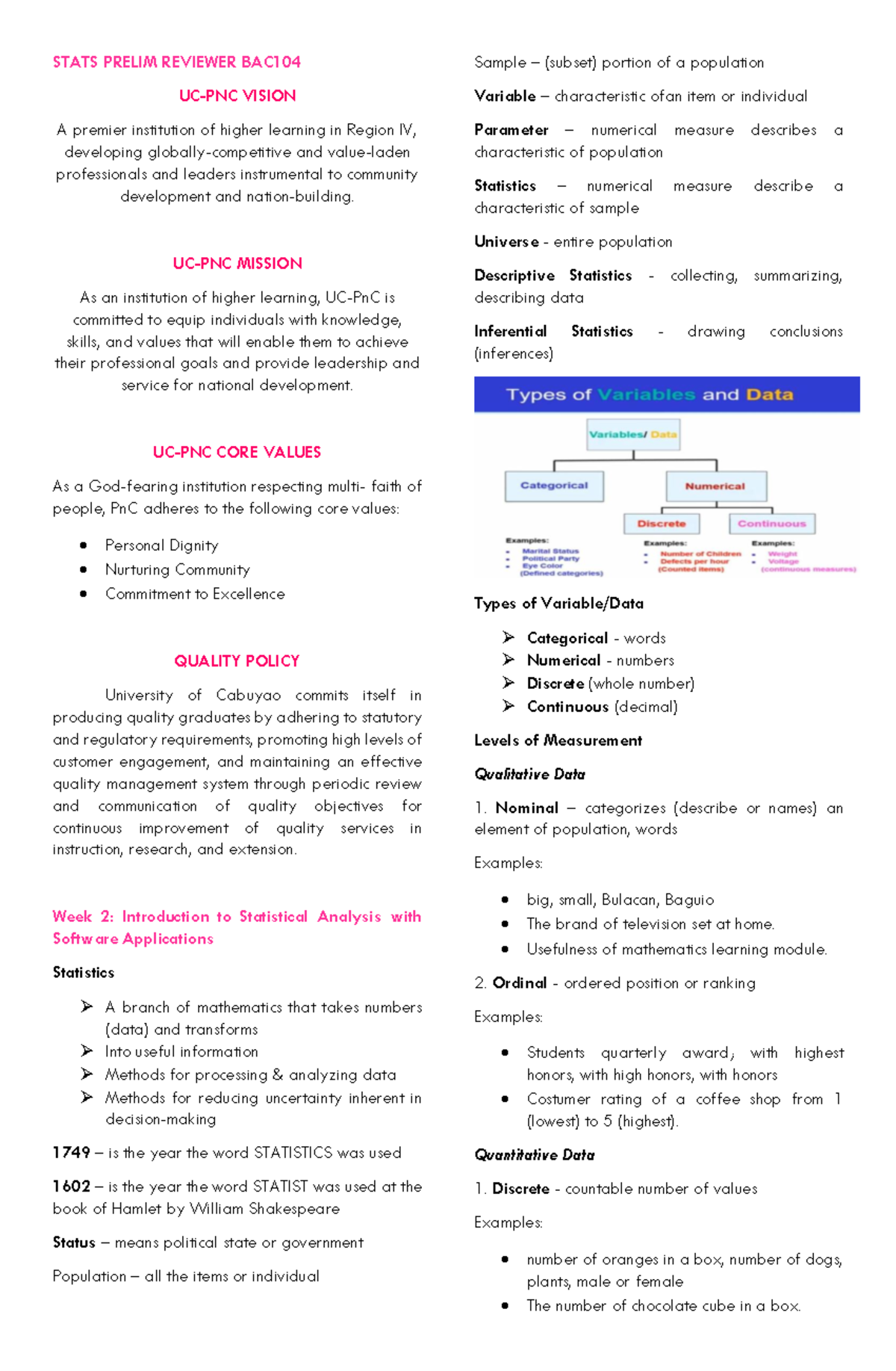 STATS PRELIM REVIEWER BAC104 W1-3: Statistical Concepts & Methods - Studocu