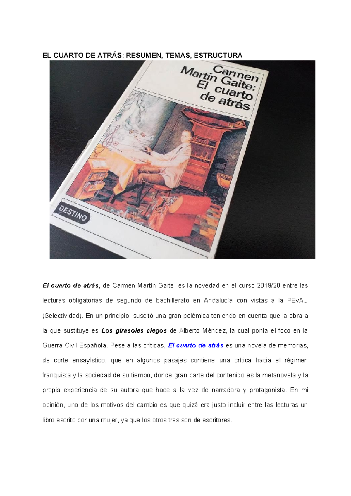 Guia de lectura 1 - 23ffsef - EL CUARTO DE ATRÁS: RESUMEN, TEMAS ...