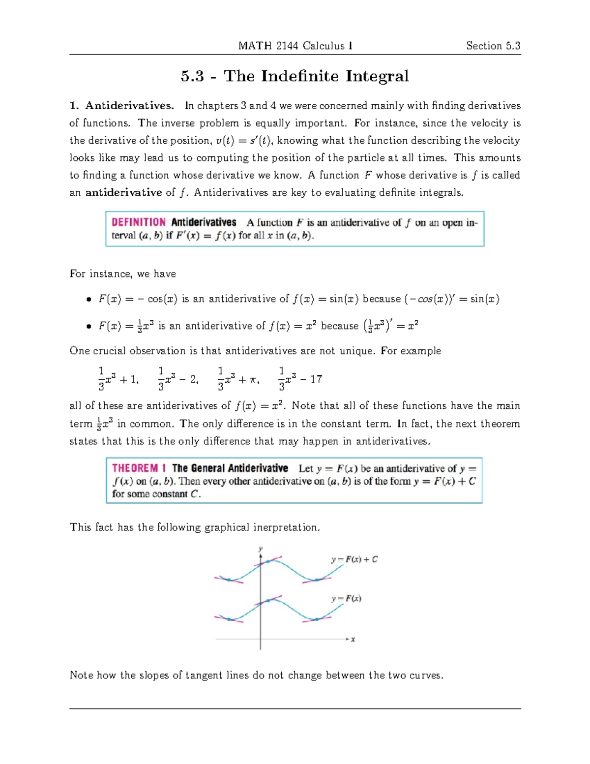 MATH 2144 Calculus I: Section 5.3 Antiderivatives and Integration Notes ...