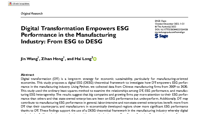 Digital Transformation and ESG Performance in Manufacturing: A DESG ...