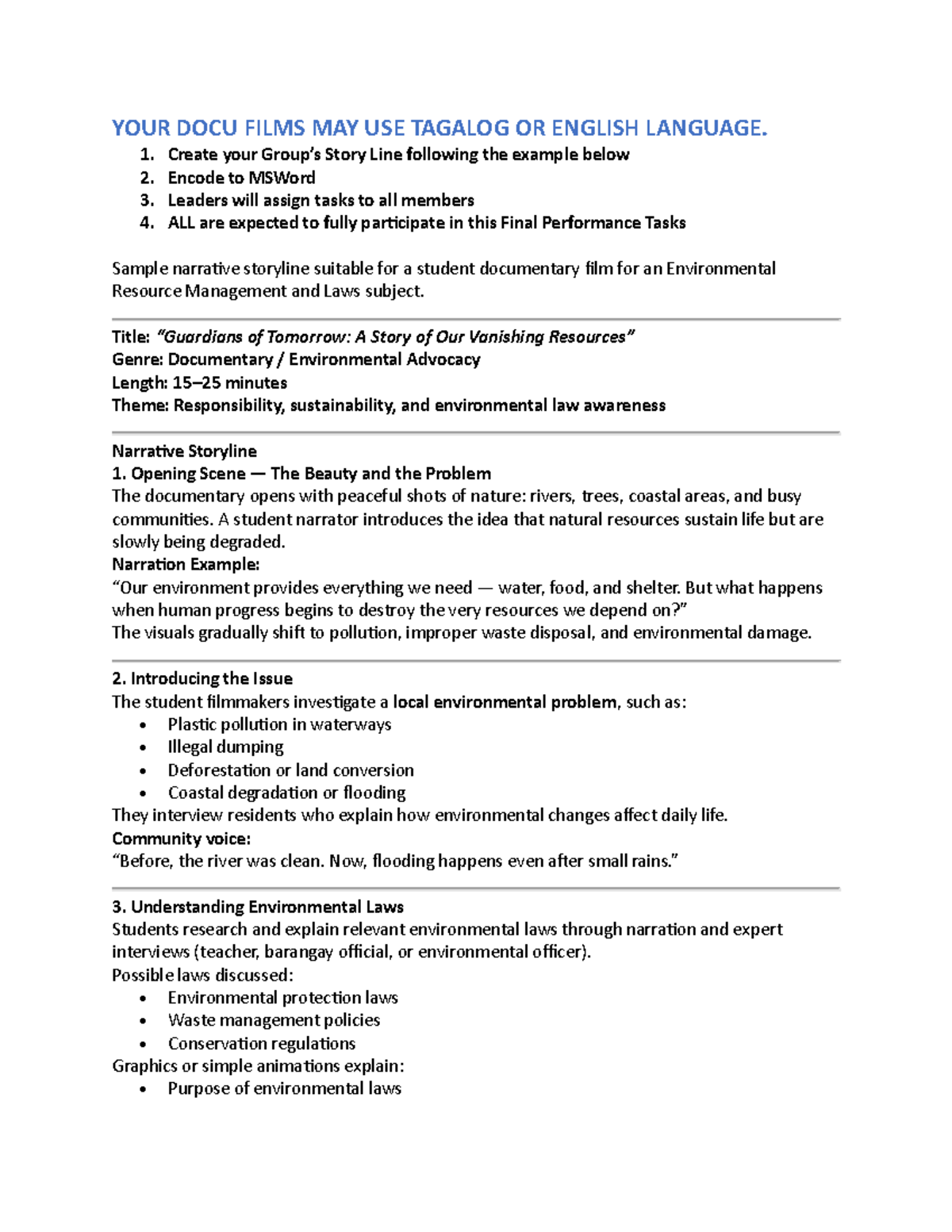 Story Narrative for Student Documentary Film: Environmental Advocacy ...