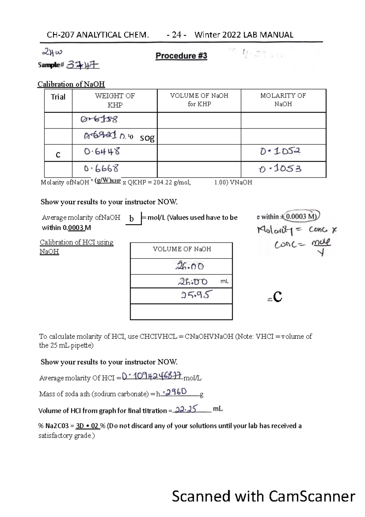 CH-207 Lab: Experiment 3 Prelab & Post Lab Results Analysis - Studocu