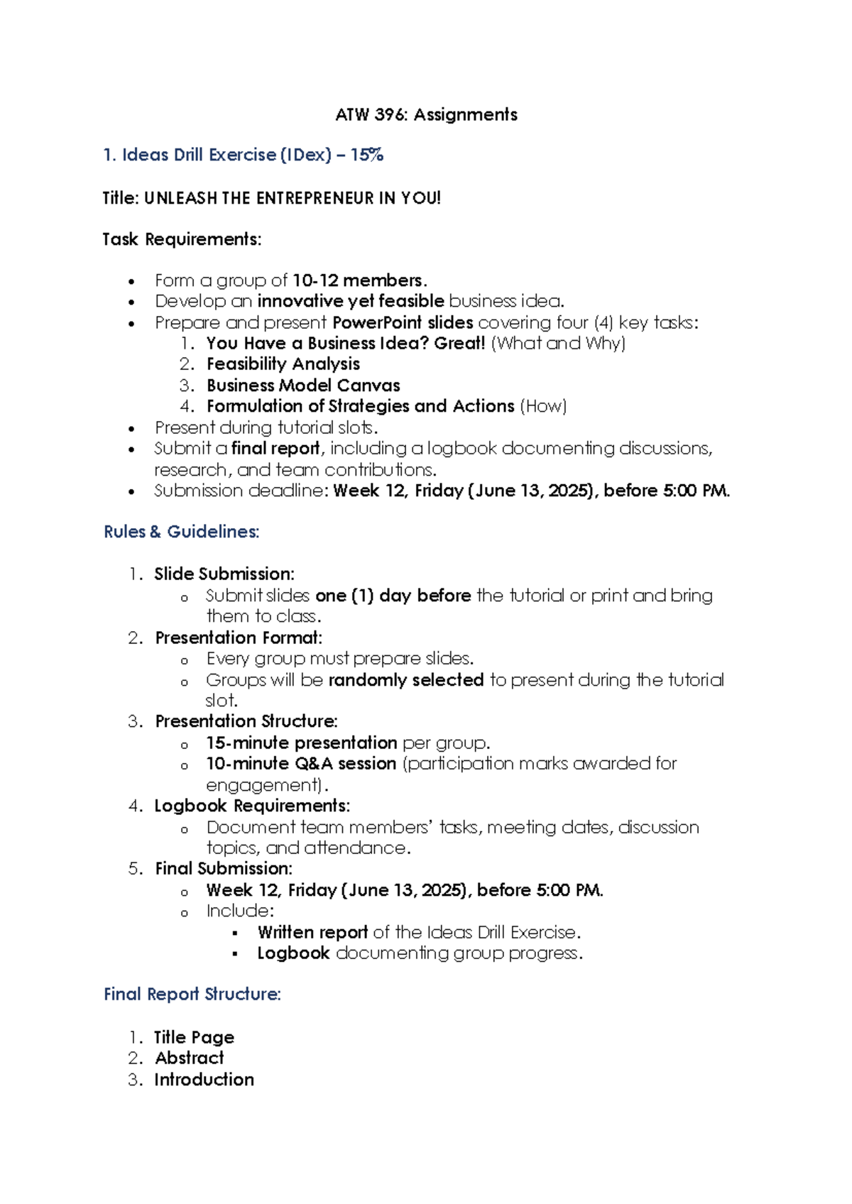 ATW 396: Ideas Drill Exercise & Research Paper Guidelines - Studocu