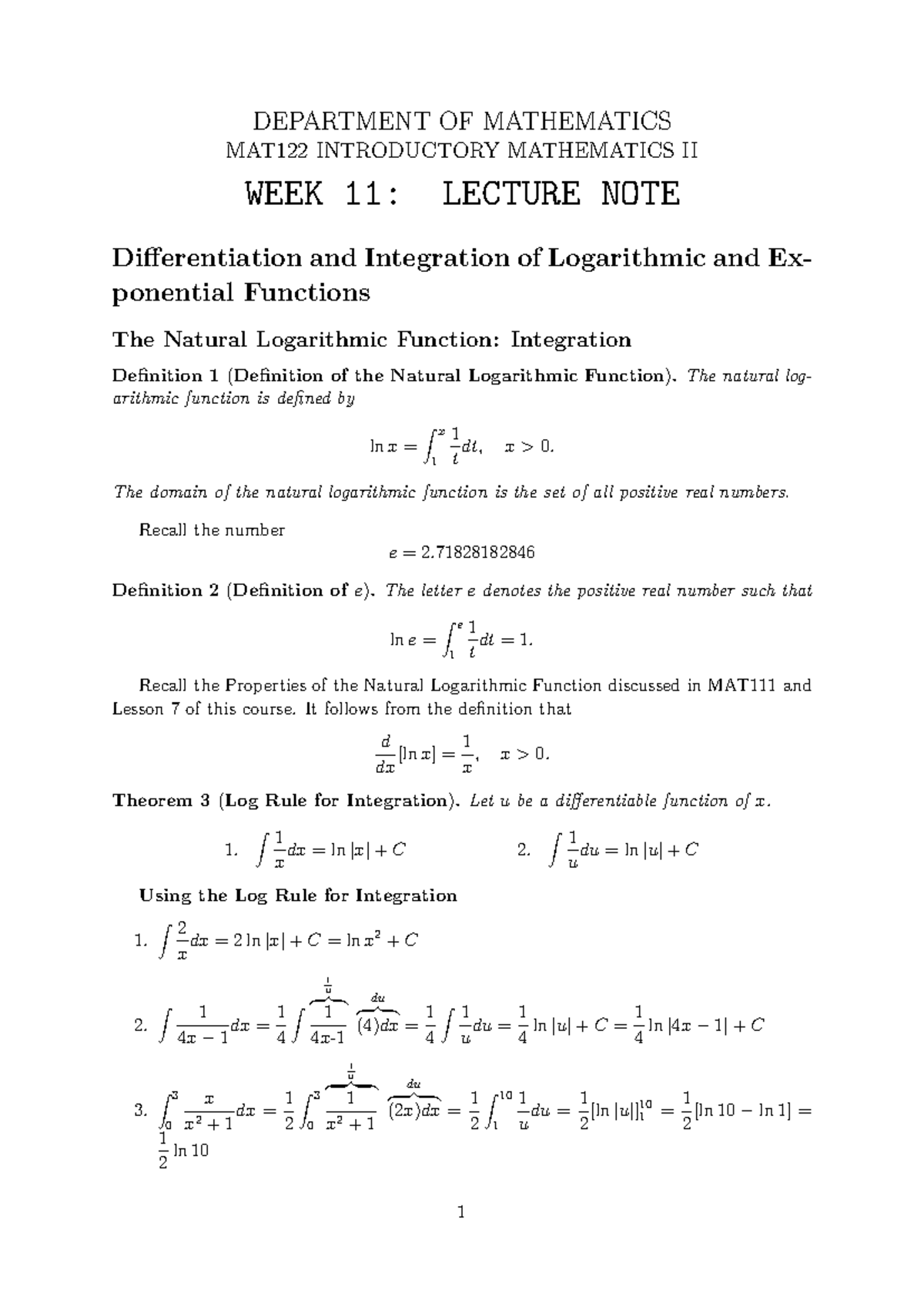 MAT122 Week 11 Lecture Notes: Differentiation & Integration of ...