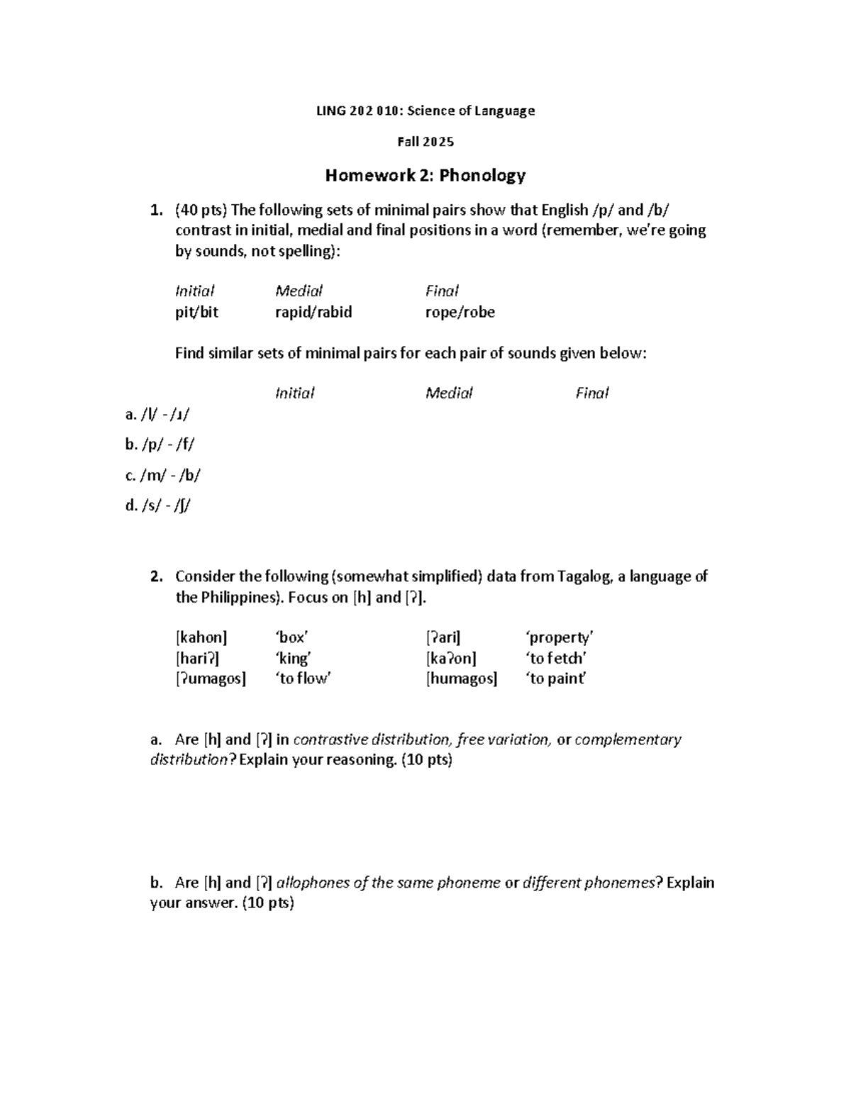 LING 202 010: Science of Language Fall 2025 Homework 2 - Phonology ...