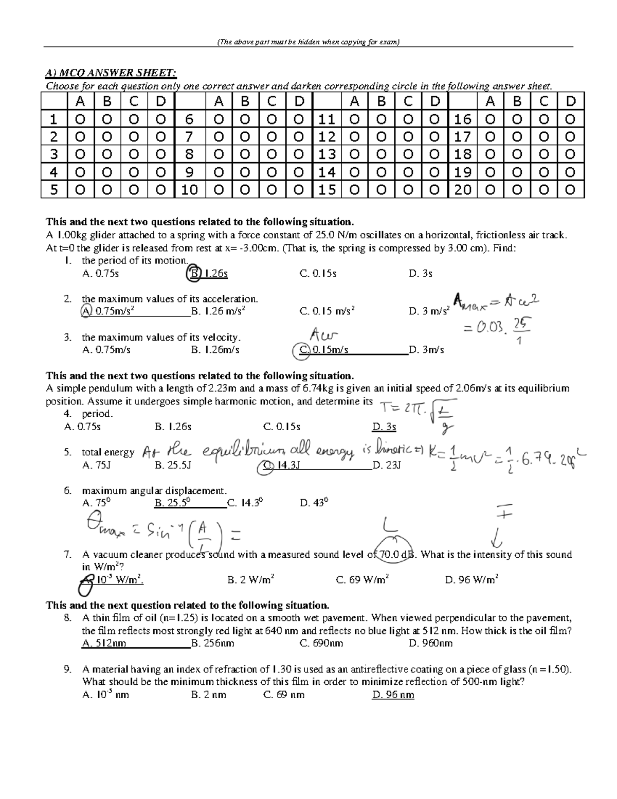 Midterm Exam 2 - PHYS 101: MCQ Answer Sheet and Related Questions - Studocu