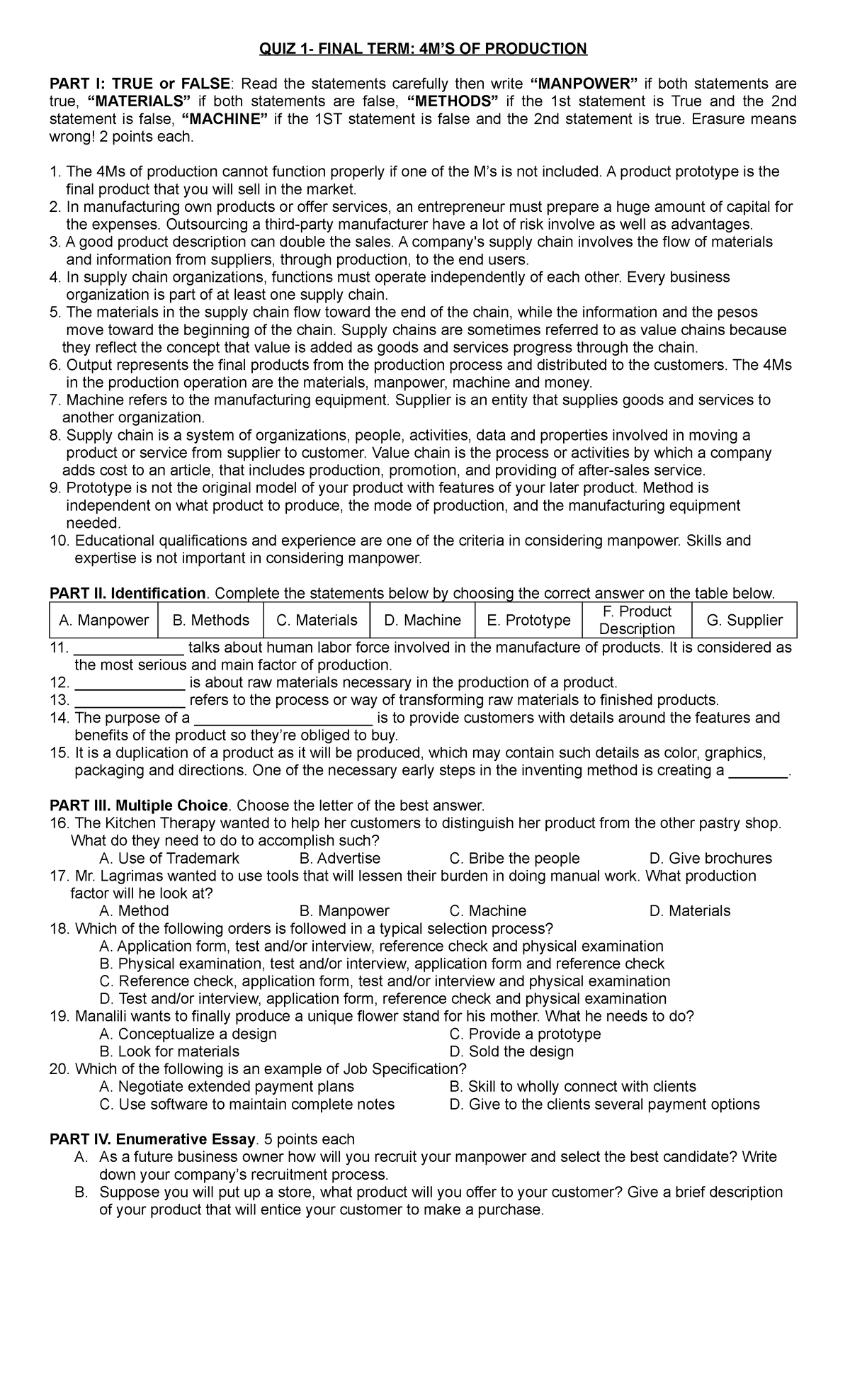 Quiz 1: Entrep 4Ms of Production - True/False & MC Questions - Studocu