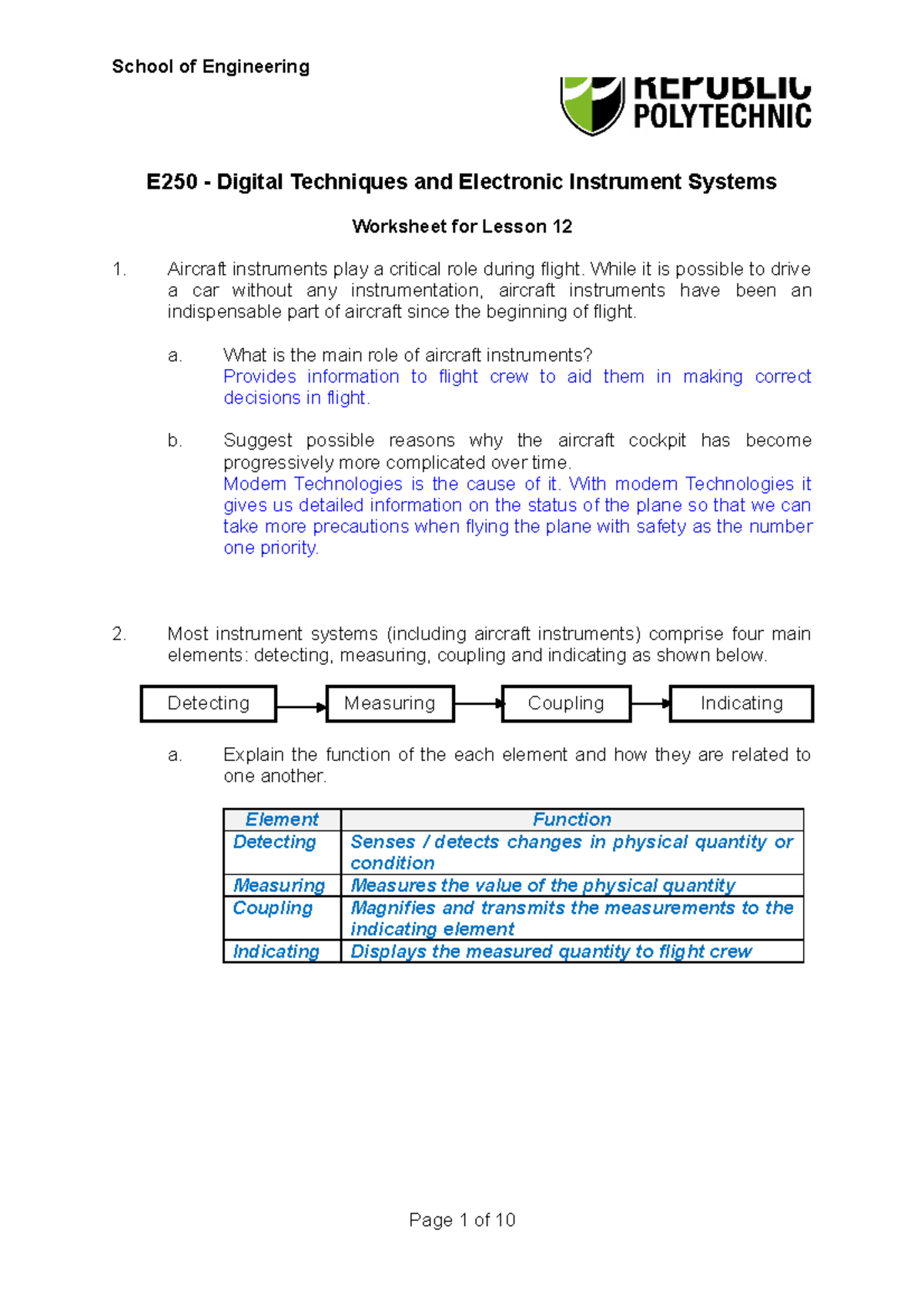 E250 Digital Techniques: Week 12 Worksheet on Aircraft Instruments ...