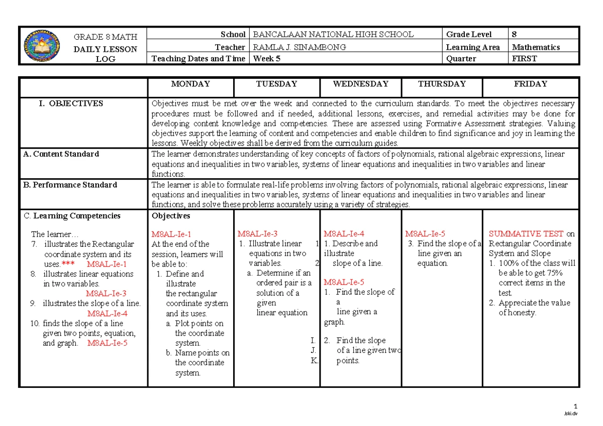 GRADE 8 MATHEMATICS DAILY LESSON LOG - WEEK 1 - Studocu
