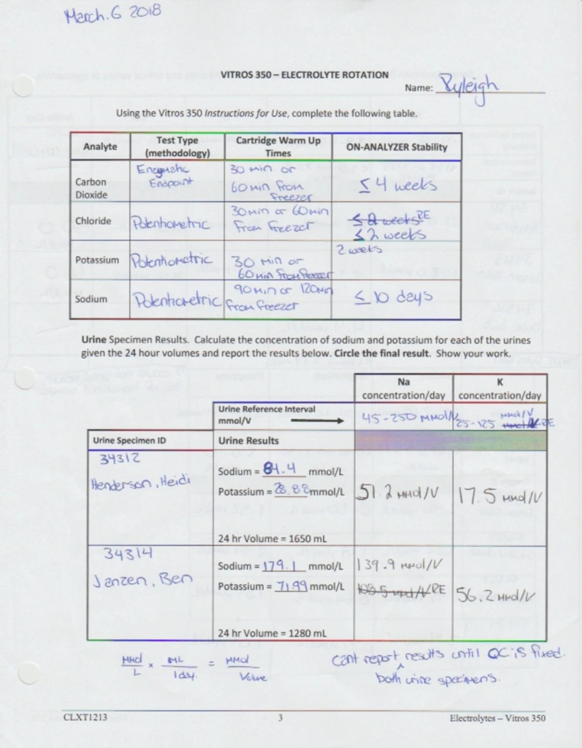 Lab #2 - Clinical Chemistry and urinalysis completed lab worksheets ...