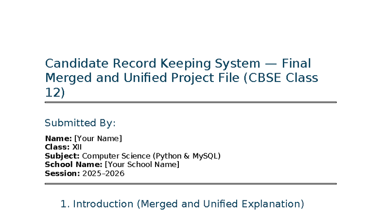 Candidate Record Keeping System Project File (CBSE Class 12) - Studocu