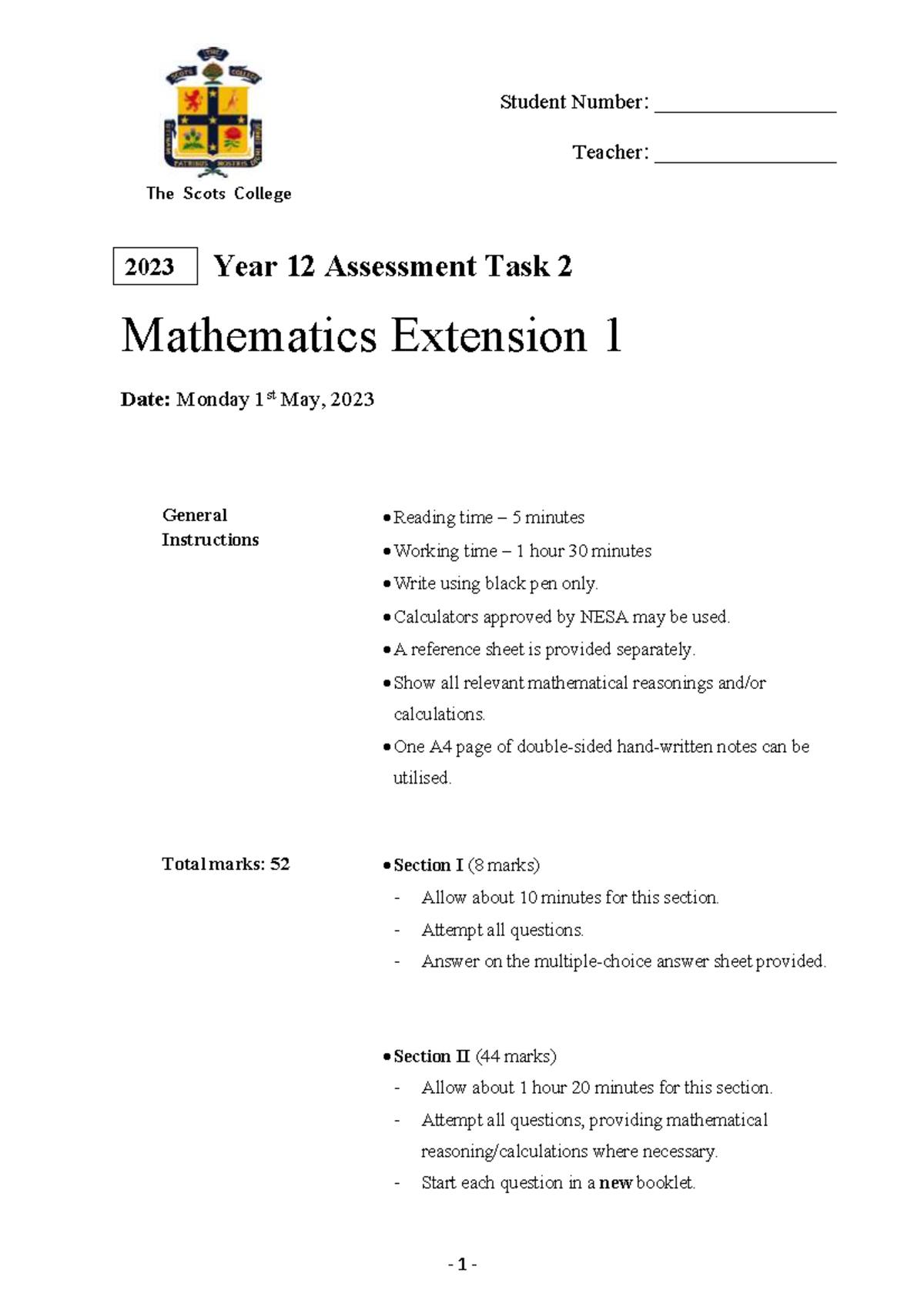Scots 2023 - Year 12 Mathematics Extension 1 Assessment Task 2 - Studocu