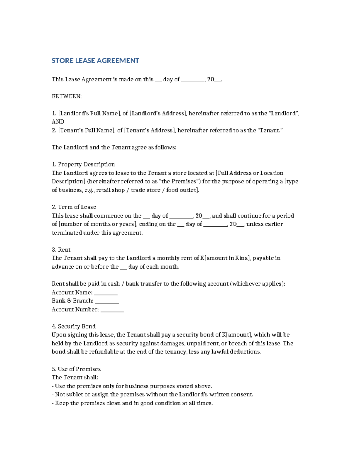 Store Lease Agreement (PNG) - Terms and Conditions - Studocu