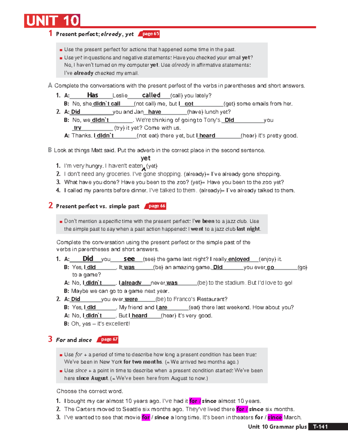 Grammar Lesson Notes: Present Perfect Usage, Unit 10 - Studocu