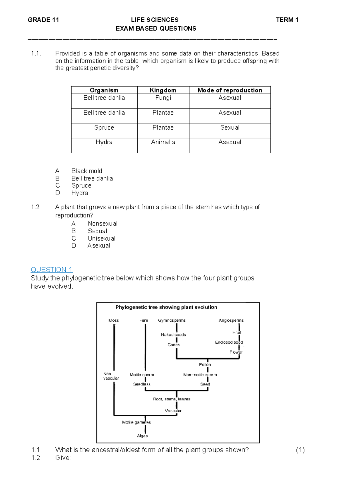 GR11 LIFE SCIENCES TERM 1 REVISION: EXAM BASED Qs & Answers - Studocu