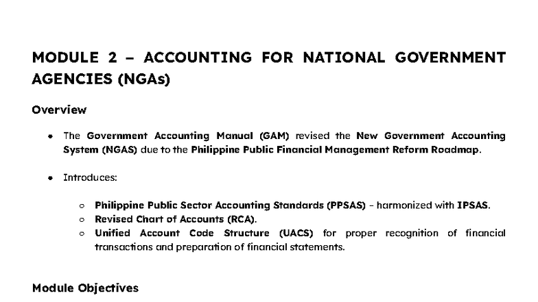 ACCO 101: Module 2 - Accounting for National Government Agencies (NGAs ...