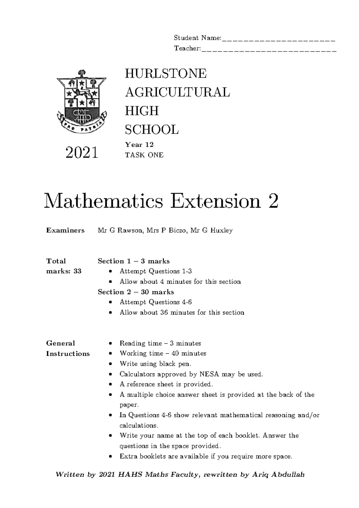 2023 3U Mathematics Extension 1 Assessment Task & Solutions - North ...