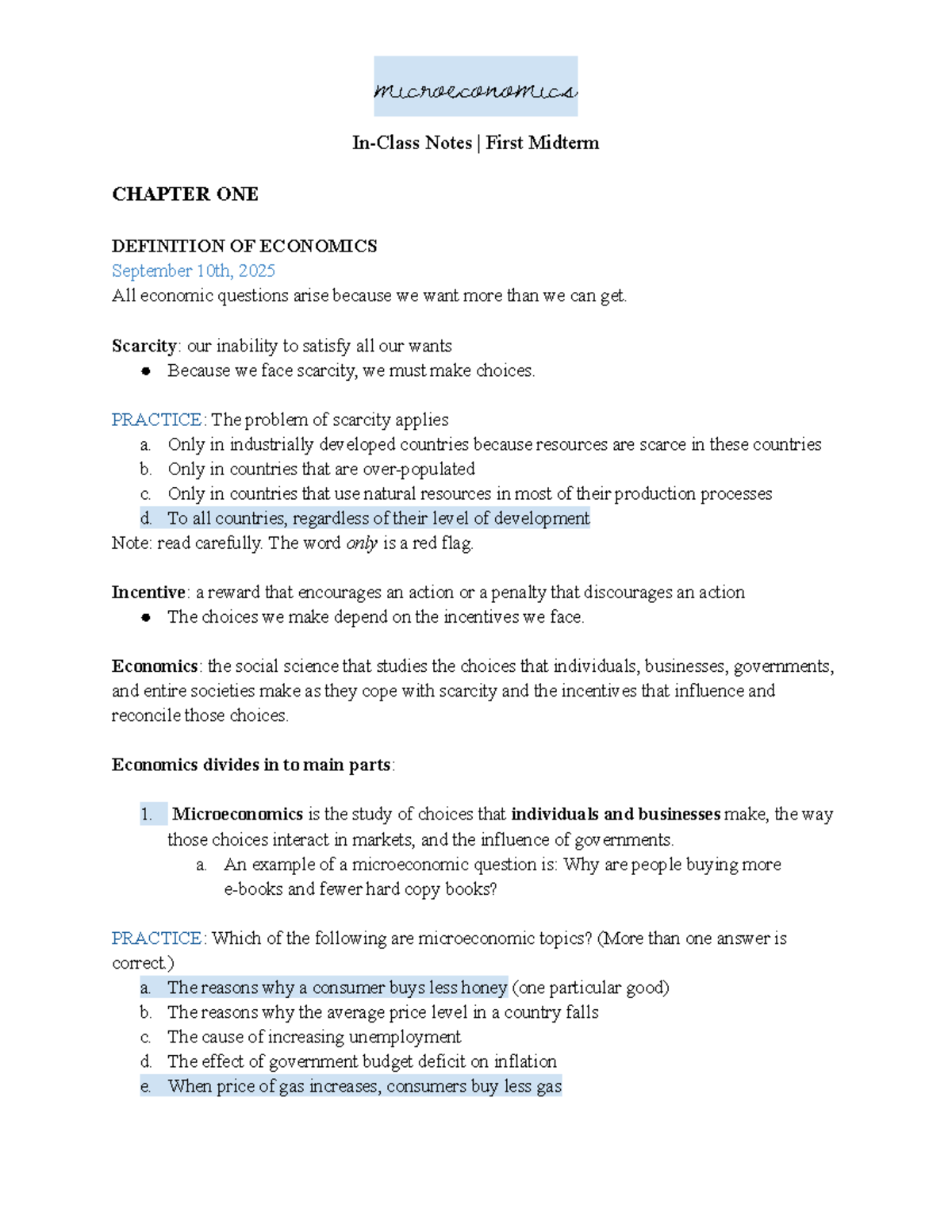 Midterm 1 Microeconomics Notes: Key Concepts and Definitions - Studocu