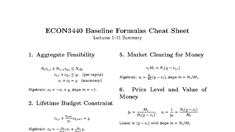 ECON3440 Monetary Economics I: Baseline Formulas Cheat Sheet - Studocu