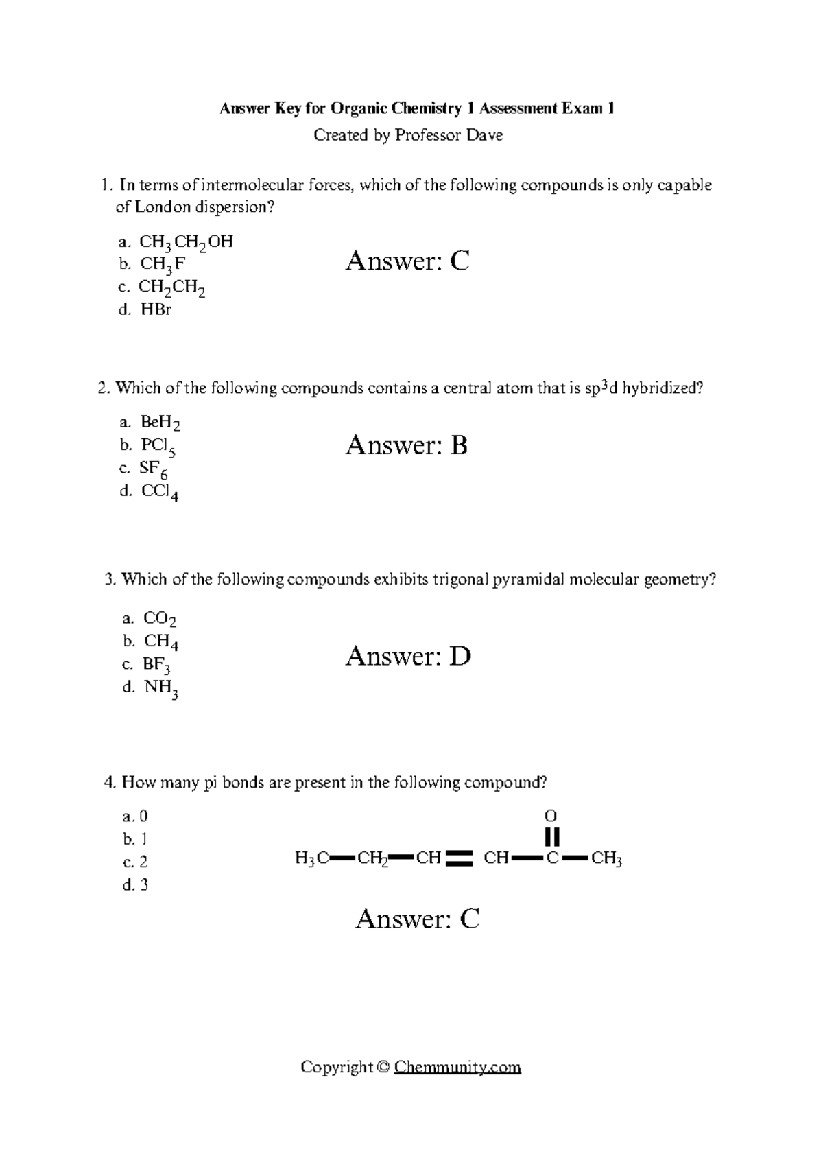Download answer key for organic chemistry 1 assessment exam 1 - Answer ...