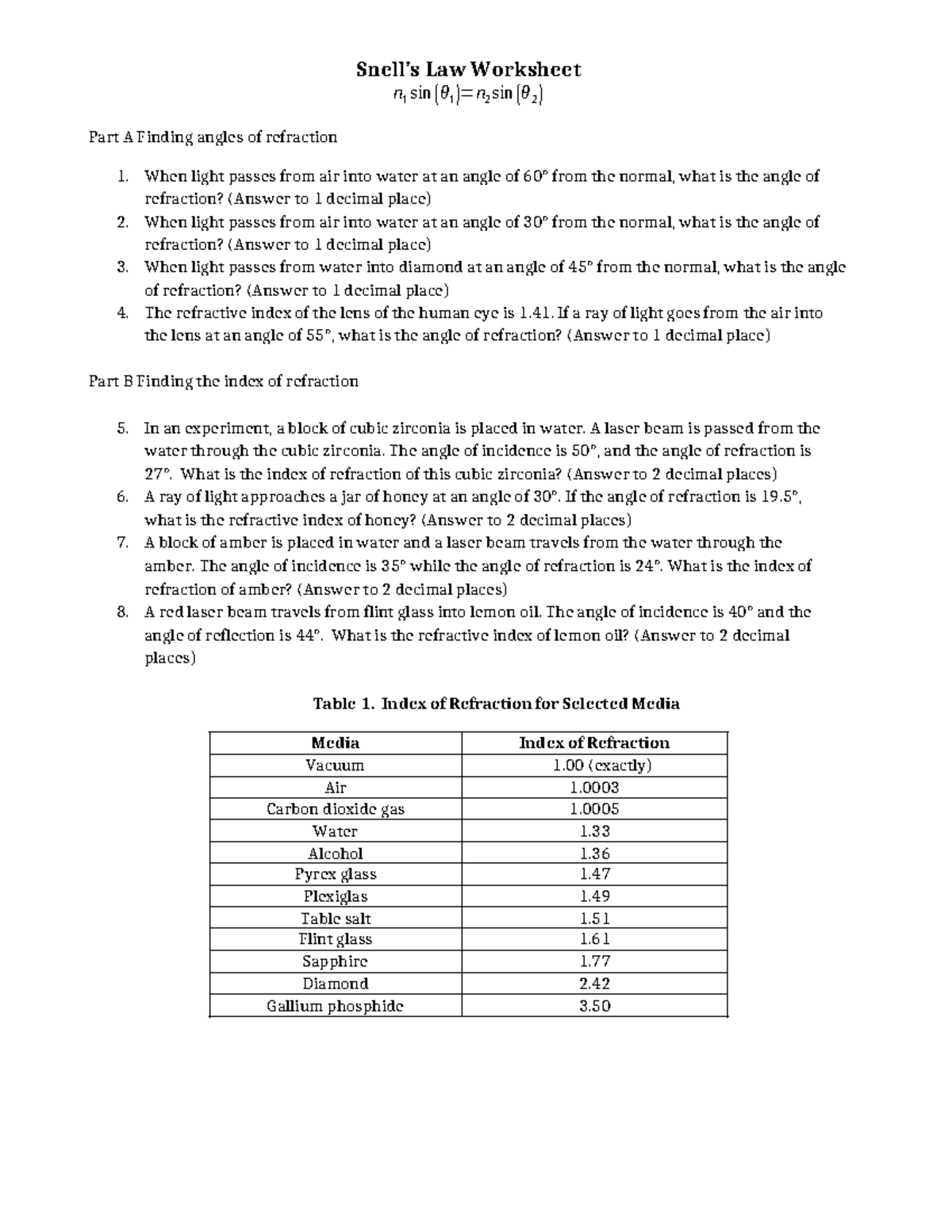 Snell's Law Worksheet: Finding Angles & Indices of Refraction - Studocu