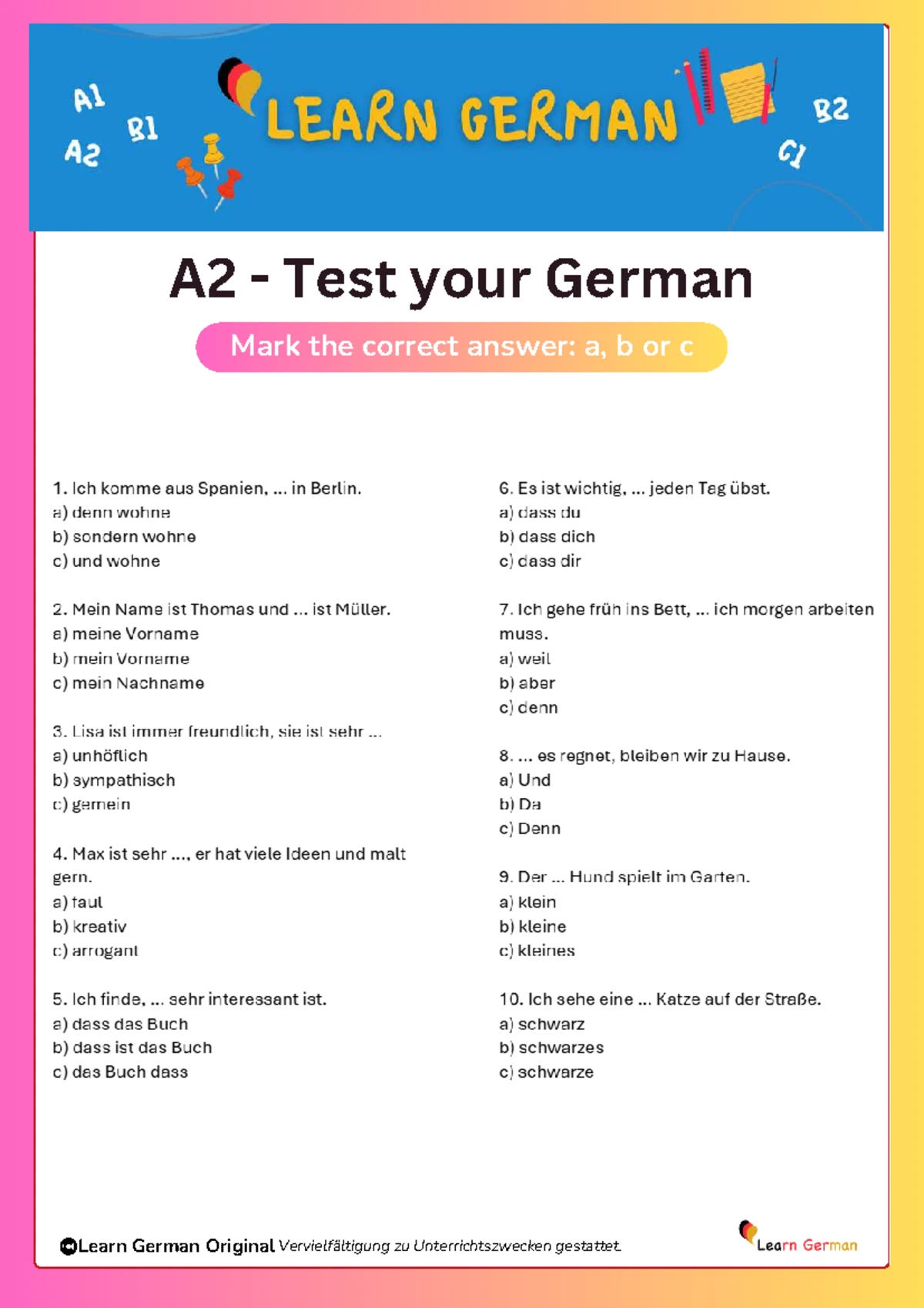 B1 - German Language Test: Multiple Choice Questions - Studocu